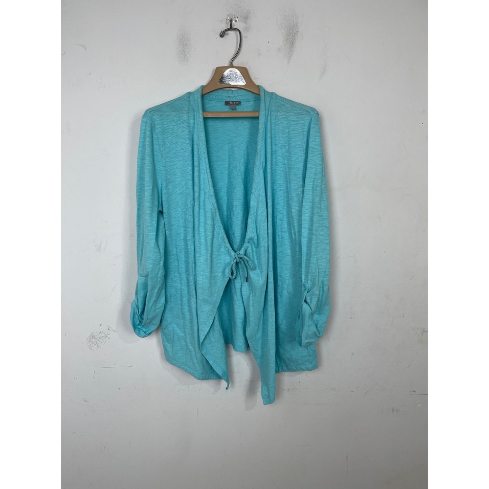 Talbots Turquoise Blue Slub Knit Tie Front Cardigan Roll Tab Sleeve Large